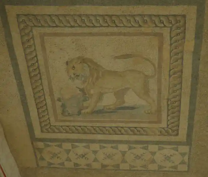 Cross inside solar disc on a floor mosaic in Terrace houses of Ephesus